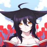  ahoge ahri_(league_of_legends) animal_ears bare_shoulders black_hair closed_mouth cloud collarbone commentary_request eyebrows_visible_through_hair eyelashes facial_mark flower fox_ears fox_girl frown hair_between_eyes highres league_of_legends long_hair looking_at_viewer nhom_(woogi) off_shoulder red_flower red_rose rose sky split_mouth upper_body whisker_markings yellow_eyes 