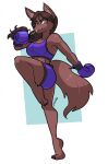  2022 4_toes anthro athletic athletic_anthro athletic_female barefoot black_nose bottomwear boxing_gloves bra breasts brown_body brown_fur brown_hair canid canine canis claws cleavage clothed clothing digitigrade feet female fur green_eyes hair handwear hi_res hindpaw long_hair looking_at_viewer mammal netto-painter paws pose raised_leg shorts signature smile smirk solo sports_bra tani_rinkan toe_claws toes underwear wolf 