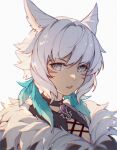  9yuki animal_ears brooch cat_ears cat_girl cleavage_cutout clothing_cutout facial_mark feather_hair_ornament feathers final_fantasy final_fantasy_xiv fur_trim grey_eyes hair_ornament highres jewelry looking_at_viewer miqo&#039;te portrait short_hair tan white_hair y&#039;shtola_rhul 