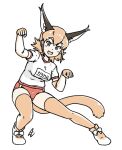  1girl acesrulez bloomers blush bow breasts caracal_(kemono_friends) caracal_ears caracal_tail eyebrows_visible_through_hair gloves gym_shirt gym_uniform hair_between_eyes katakana kemono_friends looking_at_viewer medium_breasts multicolored_hair open_mouth orange_hair red_bloomers shirt signature smile solo thighhighs translated underwear white_background white_shirt 