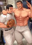  2boys abs adidas bara baseball baseball_mitt baseball_uniform black_hair buzz_cut commentary_request dainyuu_(dgls) hands_on_another&#039;s_shoulders highres indoors large_pectorals locker locker_room long_sideburns looking_at_viewer male_focus multiple_boys muscular muscular_male navel original pants pectorals short_hair sideburns sportswear thick_thighs thighs tight tight_pants topless_male very_short_hair waving 