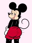  2021 black_body black_nose blush bottomwear butt butt_focus clothed clothing disney floofyboyetime gloves handwear looking_at_viewer looking_back male mammal mickey_mouse mouse murid murine open_mouth open_smile pink_background red_bottomwear red_clothing red_shorts rodent shorts simple_background smile solo standing topless white_clothing white_gloves white_handwear 