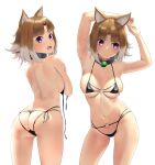  1girl alternate_breast_size animal_ears arcana_heart arcana_heart_2 ass back bangs bikini black_bikini blush breasts brown_hair cleavage collarbone commentary_request highres inuwaka_nazuna large_breasts looking_at_viewer looking_back looking_to_the_side multiple_views navel open_mouth parted_bangs purple_eyes short_hair sidelocks skindentation swimsuit thighs untied wa_(genryusui) 