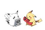  2others :3 artist_request dual_persona game_boy game_boy_(original) handheld_game_console joy-con looking_at_another multiple_others nintendo no_humans partially_colored pikachu pokemon pokemon_(creature) pokemon_(game) signature simple_background source_request standing time_paradox white_background 