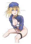  1girl :d absurdres ahoge artoria_pendragon_(fate) bangs baseball_cap between_legs bikini bikini_top_only blonde_hair blue_eyes blue_headwear bottomless breasts cleavage cropped_legs eyebrows_visible_through_hair fate/grand_order fate_(series) floating_hair hair_between_eyes hand_between_legs hat highres long_hair long_sleeves looking_at_viewer medium_breasts mysterious_heroine_xx_(fate) open_mouth senamashiro shrug_(clothing) sideboob simple_background sitting sketch smile solo swimsuit thigh_strap white_background white_bikini 