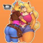  anthro bandicoot belt belt_pouch big_breasts blonde_hair blue_hair bottomwear breasts brown_body brown_fur butt clothing denim denim_clothing duo ear_piercing ear_ring eyebrows female female/female fur hair hand_on_hip hi_res hotpants jeans legband long_hair looking_at_viewer low-angle_view mammal marsupial mohawk mr._deathcat multicolored_hair orange_background pants piercing shirt shorts signature simple_background smile square_crossover tank_top thick_thighs thighband topwear vest wide_hips 