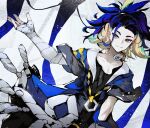  1boy adaman_(pokemon) arm_wrap bangs blue_coat blue_hair brown_eyes closed_mouth coat collar collarbone commentary_request earrings eyebrow_cut green_hair highres jewelry kusakanmuri male_focus medium_hair outstretched_arm pokemon pokemon_(game) pokemon_legends:_arceus smile solo 