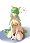  1girl absurdres animal_ears animal_print bangs bare_arms bare_legs between_legs bikini blush breasts c.c. cleavage code_geass eyebrows_visible_through_hair fake_animal_ears fake_tail food front-tie_bikini front-tie_top full_body green_hair hair_between_eyes hairband halterneck hand_between_legs head_tilt highres kneeling large_breasts long_hair looking_at_viewer medium_breasts mosaic_hd navel open_mouth pizza print_bikini shiny shiny_hair sideboob solo speech_bubble spoken_food straight_hair swimsuit tail tiger_ears tiger_print tiger_tail very_long_hair white_background yellow_bikini yellow_eyes yellow_hairband 