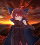  1girl ahoge black_shirt blue_bow bow cloak cloud cloudy_sky grass hair_bow highres horizon light_smile long_sleeves looking_at_viewer outdoors red_cloak red_eyes red_hair red_skirt scenery sekibanki shirt short_hair skirt sky solo song113 sun sunset touhou 