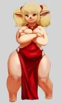  blonde_hair clothing crossed_arms dress female final_fantasy final_fantasy_xi grey_background hair hi_res humanoid mature_female msvondran shantotto short_stack simple_background solo square_enix tarutaru thick_thighs video_games wide_hips 