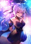  1girl bare_shoulders black_dress breasts cleavage double_bun dress fireworks genshin_impact hair_bun hair_ornament highres jura keqing_(genshin_impact) medium_breasts night night_sky pantyhose purple_eyes purple_hair sky smile solo twintails 