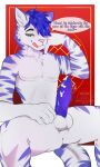  anthro bedroom_eyes bodily_fluids cum felid genital_fluids hi_res looking_at_viewer male mammal narrowed_eyes neoxyden pantherine seductive solo text tiger tongue tongue_out 