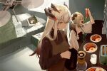 3girls apron arknights bird_girl breakfast brown_dress brown_hair coffee_mug coffee_pot commentary_request cup dragon_horns dress glasses highres horns id_card ifrit_(arknights) indoors kanzakimitoto lanyard mug multiple_girls orange_eyes orange_nails owl_ears owl_girl pajamas saria_(arknights) short_hair silence_(arknights) under_covers white_hair 
