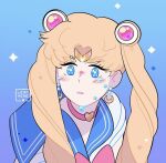  1girl bishoujo_senshi_sailor_moon blonde_hair blue_background blue_eyes blue_sailor_collar blush_stickers choker commentary crescent crescent_earrings derivative_work earrings gradient gradient_background hair_ornament heart heart_choker jewelry leaphere long_hair meme parted_lips pink_choker purple_background sailor_collar sailor_moon sailor_moon_redraw_challenge_(meme) sailor_senshi_uniform screencap_redraw shirt signature solo tears tsukino_usagi twintails upper_body white_shirt 