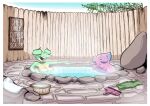  amphibian anthro bath bathhouse biphony_(rubbish_chameleon) breasts chameleon cleavage clothed clothing clothing_aside duo female female/female frog hi_res lizard relaxing reptile rubbish_chameleon scalie 