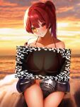  1girl bangs beach between_legs bikini blurry blurry_background bottomless breasts ch_r_y cleavage hair_between_eyes hand_between_legs heterochromia highres hololive houshou_marine jacket jacket_over_swimsuit jewelry large_breasts looking_at_viewer meme necklace off_shoulder outdoors parted_lips ponytail red_bikini red_eyes red_hair sand sitting sky smile sunset swimsuit water yellow_eyes 