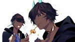  2boys arjuna_(fate) arjuna_alter_(fate) bangs black_eyes black_hair closed_mouth commentary dark-skinned_male dark_skin eating fate/grand_order fate_(series) food hair_between_eyes highres jewelry male_focus multiple_boys open_mouth semi_(p-poco) 