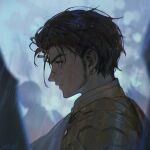  1boy alzi_xiaomi armor blurry blurry_background brown_hair claude_von_riegan fire_emblem fire_emblem:_three_houses from_side highres looking_away male_focus messy_hair parted_lips portrait rain short_hair sideburns signature sky solo 