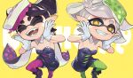  +_+ 2girls ankle_boots black_dress black_hair blush boots breasts brown_eyes callie_(splatoon) cleavage collar commentary_request cousins detached_collar dress earrings fangs food food_on_head gloves green_legwear grin hair_rings hands_on_own_face jewelry kin_niku long_hair looking_at_viewer marie_(splatoon) mole mole_under_eye multiple_girls object_on_head open_mouth pantyhose pointy_ears purple_legwear short_hair short_jumpsuit smile splatoon_(series) squid strapless strapless_dress sushi symbol-shaped_pupils tentacle_hair tentacles thick_eyebrows unitard white_gloves yellow_background yellow_eyes 