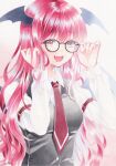  1girl :d bangs bespectacled black_vest breasts eyebrows_visible_through_hair fangs glasses head_wings highres koakuma long_hair marker_(medium) necktie red_eyes red_hair red_necktie simple_background small_breasts smile solo teeth touhou traditional_media upper_body upper_teeth vest white_background y_na1211 