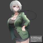  1girl absurdres breasts character_name cleavage cowboy_shot earbuds earphones green_jacket grey_background highres j_yak47 jacket large_breasts open_clothes open_jacket original purple_eyes ribbed_sweater short_hair silver_hair sweater thighs 