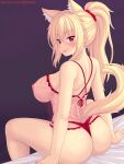  1girl :p animal_ear_fluff animal_ears ass bangs blonde_hair blush breasts cat_ears cat_girl cat_tail closed_mouth english_commentary from_behind hair_ornament hair_scrunchie highres large_breasts lingerie long_hair looking_at_viewer looking_back nipples nottytiffy original panties patreon_username ponytail purple_background red_eyes red_panties scrunchie sidelocks sitting slit_pupils smile solo tail thighs tongue tongue_out underwear 