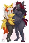  absurd_res anthro big_breasts black_body black_fur bodily_fluids braixen breasts choker clasped_hands duo ear_piercing ear_ring excessive_saliva eyewear female fur glasses grey_body grey_fur hi_res jewelry lactating necklace nintendo orange_body orange_fur piercing pok&eacute;mon pok&eacute;mon_(species) pregnant red_body red_fur redeyedwolf saliva saliva_string tongue tongue_out unborn_kicking video_games white_body white_fur yellow_body yellow_eyewear yellow_fur yellow_glasses zoroark 