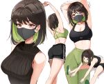  &gt;_&lt; 1girl armpits arms_up ass back bangs black_hair black_mask black_shorts black_sports_bra black_sweater breasts brown_eyes cleavage clothing_cutout colored_inner_hair earrings english_commentary eyebrows_visible_through_hair green_hair green_pants green_sports_bra highres jewelry large_breasts looking_at_viewer mask midriff miru_(ormille) mole mole_under_eye mouth_mask multicolored_hair multiple_views navel original ormille pants shoes short_hair shorts sitting sleeveless sleeveless_sweater sneakers sports_bra stretch sweater trembling two-tone_hair underboob_cutout upper_body yoga_pants 