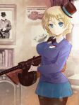  1girl alternate_neckwear bangs black_bow black_bowtie black_headwear black_legwear blonde_hair blue_eyes blue_skirt blue_sweater blurry blurry_background bow bowtie braid churchill_(tank) closed_mouth commentary cowboy_shot darjeeling_(girls_und_panzer) day dress_shirt emblem english_commentary girls_und_panzer ground_vehicle gun hat holding holding_gun holding_weapon indoors long_sleeves looking_at_viewer military military_vehicle mini_hat mini_top_hat miniskirt mixed-language_commentary motor_vehicle pantyhose picture_(object) pleated_skirt school_uniform shirt short_hair skirt smile solo st._gloriana&#039;s_(emblem) st._gloriana&#039;s_school_uniform standing submachine_gun sweater tank thompson_submachine_gun tied_hair tilted_headwear top_hat twin_braids v-neck weapon white_shirt window wing_collar winston_churchill yurikuta_tsukumi 