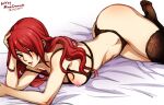  1girl areolae arm_support artist_name ass bangs bed bed_sheet black_panties black_skirt blush bra breasts dated hair_between_eyes hair_over_one_eye hand_on_head kirijou_mitsuru large_breasts lingerie long_hair looking_at_viewer lying mina_cream nipples on_stomach panties persona persona_3 red_eyes red_hair simple_background skirt solo thighs underwear white_background wide_hips 