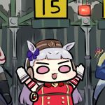  12_billion_yen_incident 1girl animal_ears armpits arms_up bangs bow bowtie brown_headwear gloves gold_ship_(umamusume) hair_bow horse_ears horse_girl jazz_jack long_hair looking_at_viewer lowres open_mouth purple_eyes purple_hair red_bow red_bowtie red_shirt shirt sleeveless sleeveless_shirt umamusume white_gloves 