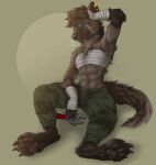  1oi abs aleks_(toothandscale) anthro arm_wraps athletic athletic_anthro athletic_female bandage blue_eyes bodily_fluids bottomwear breath brown_body brown_fur chest_wraps chin_tuft clawed_toes clothing conditional_dnp digital_media_(artwork) ear_piercing facial_tuft female fur green_background hand_on_head hi_res hyaenid mammal mechanic pants pawpads piercing simple_background sitting solo sweat tomboy tools wraps wrench 