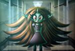  clothing confusion dress female hair hallway hi_res humanoid inside lens_flare long_hair looking_at_viewer lsd_(vrabo) not_furry red_eyes slim solo standing surprise uniform vampire vrabo young 