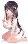  1girl bangs barefoot black_hair blue_eyes blush breasts bursting_breasts cleavage collarbone eyebrows_visible_through_hair gyozanuko highres large_breasts long_hair open_mouth original saliva shirt simple_background sitting wariza white_background white_shirt wing_collar 