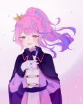  1girl absurdres blush crown gloves hand_on_own_chest highres indie_virtual_youtuber long_hair long_sleeves looking_to_the_side machi1246 multicolored_hair pale_skin pink_hair ponytail purple_eyes purple_hair tsmatch virtual_youtuber 
