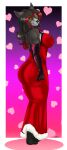  2016 anthro aura_(aurastrasza) big_breasts big_butt black_clothing black_gloves black_handwear breasts butt canid canine canis clothed clothing colored dark_hair digital_drawing_(artwork) digital_media_(artwork) dress fangs female full-length_portrait gloves green_eyes hair handwear heart_background hearts_around_body hi_res holidays iko intersex latex_gloves long_hair mammal multicolored_hair pink_background pinup portrait pose purple_background red_clothing red_dress shaded signature simple_background solo standing teeth valentine&#039;s_day were werecanid wolf 