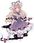  1girl :d blonde_hair bow closed_umbrella commentary cropped_legs cross-laced_clothes cross-laced_legwear dress eyebrows_behind_hair finger_to_mouth frilled_dress frilled_sleeves frills gap_(touhou) gloves hair_bow hand_up hat hat_ribbon light_blush long_hair looking_at_viewer mob_cap mozukuzu_(manukedori) neck_ribbon open_mouth purple_dress purple_eyes red_bow red_ribbon ribbon short_sleeves simple_background smile solo touhou umbrella wavy_hair white_background white_gloves white_headwear yakumo_yukari 