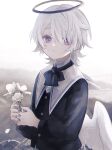  1boy androgynous angel angel_wings bouquet flower formal halo highres looking_at_viewer looking_to_the_side namiki_itsuki original pale_skin purple_eyes white_hair wings 