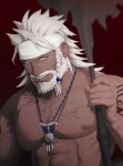  1boy abs bara beard body_hair commission facial_hair headband highres jewelry large_pectorals male_focus mature_male muscular muscular_male n01r31 necklace original pectorals smile tattoo white_hair 