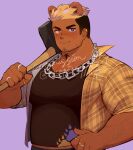  animal_ears axe bara body_hair commission earrings facial_hair heterochromia highres jewelry lion_ears mature_male muscular muscular_male original pectorals plump reji_(_rejisen) ring scar scar_on_face thick_eyebrows tight 