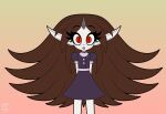  clothing confusion dress fangs female gradient_background hair hi_res lens_flare long_hair looking_at_viewer lsd_(vrabo) not_furry red_eyes simple_background slim solo standing surprise uniform vampire vrabo young 