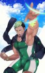  1boy :d armpits bad_id bad_pixiv_id bara black_hair blush bulge clenched_hand covered_abs dark-skinned_male dark_skin facial_hair feet_out_of_frame goatee green_hair highres jacket jacket_on_shoulders kurazon_(climb_zombie) looking_at_viewer male_focus multicolored_hair muscular muscular_male pectorals pointing pointing_up short_hair sideburns sidepec smile solo taurus_mask tokyo_afterschool_summoners two-tone_hair wrestling_outfit 