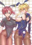  2girls animal_ears artoria_pendragon_(fate) artoria_pendragon_(lancer)_(fate) ass back_cutout bangs bare_shoulders blonde_hair blue_leotard boudica_(fate) braid breasts brown_legwear bunny_hair_ornament cleavage cleavage_cutout closed_mouth clothing_cutout collarbone covered_navel covered_nipples crown eyebrows_visible_through_hair fake_animal_ears fate/grand_order fate_(series) flower_knot french_braid from_behind gold_trim green_eyes grey_leotard hair_between_eyes hair_ornament highleg highleg_leotard highres huge_breasts leotard long_hair looking_at_viewer looking_back multiple_girls open_mouth pantyhose playboy_bunny rabbit_ears rabbit_tail red_hair sideboob sidelocks tail tassel wakura_(gcdan) 