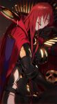  1girl absurdres bangs black_bodysuit bodysuit breasts cape commentary_request fate/grand_order fate_(series) gloves hair_over_one_eye highres large_breasts long_hair oda_nobunaga_(fate) oda_nobunaga_(maou_avenger)_(fate) oda_uri open_mouth red_cape red_eyes red_hair semi_(p-poco) smile solo very_long_hair 