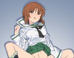  1girl :o bangs black_legwear black_neckerchief blouse blue_background brown_eyes brown_hair commentary dress_shirt emblem eyebrows_visible_through_hair girls_und_panzer green_panties green_skirt groin half-closed_eyes highres implied_sex leaning_back light_blush light_frown long_sleeves medium_hair messy_hair miniskirt neckerchief nishizumi_miho no_pants oekaki onsen_tamago_(hs_egg) ooarai_school_uniform open_mouth out-of-frame_censoring panties panties_around_one_leg pleated_skirt pussy_juice school_uniform serafuku shadow shirt sketch skirt socks solo spread_legs symbol-only_commentary underwear white_blouse white_shirt 