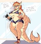  absurd_res anthro areola big_breasts breasts clothed clothing dialogue dumbbell exercise female fish hand_on_hip hi_res marine nonarycubed shark solo weightlifting weights workout 