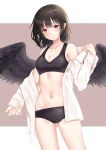  1girl bangs bird_wings black_bra black_panties black_wings blush bra breasts brown_hair buttons cleavage closed_mouth collarbone collared_shirt commentary_request cowboy_shot dot_mouth dot_nose eyelashes feathered_wings fingernails highres large_wings medium_breasts navel open_clothes open_shirt panties red_eyes shameimaru_aya shiny shiny_hair shirt short_hair simple_background sleeve_cuffs solo standing stomach thighs touhou underwear white_shirt wing_collar wings y_na1211 