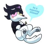  3_toes alternate_species blush blush_lines deltarune feet feral fur furrification hair male pawpads paws pointed_nose pregnant pregnant_male simple_background solo spamton_g._spamton speech_bubble text toes undertale_(series) unknown_species video_games white_body white_fur whodoyousay 