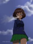  1girl akiyama_yukari arms_behind_back artist_name bangs blue_jacket blue_sky breath brown_eyes brown_hair buttons closed_mouth cloud cloudy_sky commentary cowboy_shot dark dated double-breasted from_below frown girls_und_panzer green_skirt half-closed_eyes highres jacket looking_at_viewer messy_hair miniskirt naotosi ooarai_school_uniform outdoors pleated_skirt sailor_collar school_uniform short_hair skirt sky solo standing twilight winter_uniform 