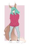  anthro blue_hair blue_nose bottomwear canid canine canis clothing coat denim denim_clothing domestic_dog ear_piercing female footwear hair hazelkisses jeans long_ears long_tail looking_away mammal pants piercing shoes simple_background solo_focus topwear yellow_eyes 